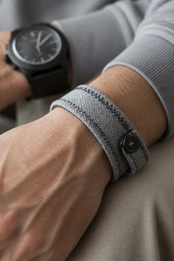 A chunky fabric bracelet made from the cuff area of a worn gray hoodie. It has a folded edge and visible stitching in black thread, with a small button closure. The bracelet sits on a hand with a watch in the background.