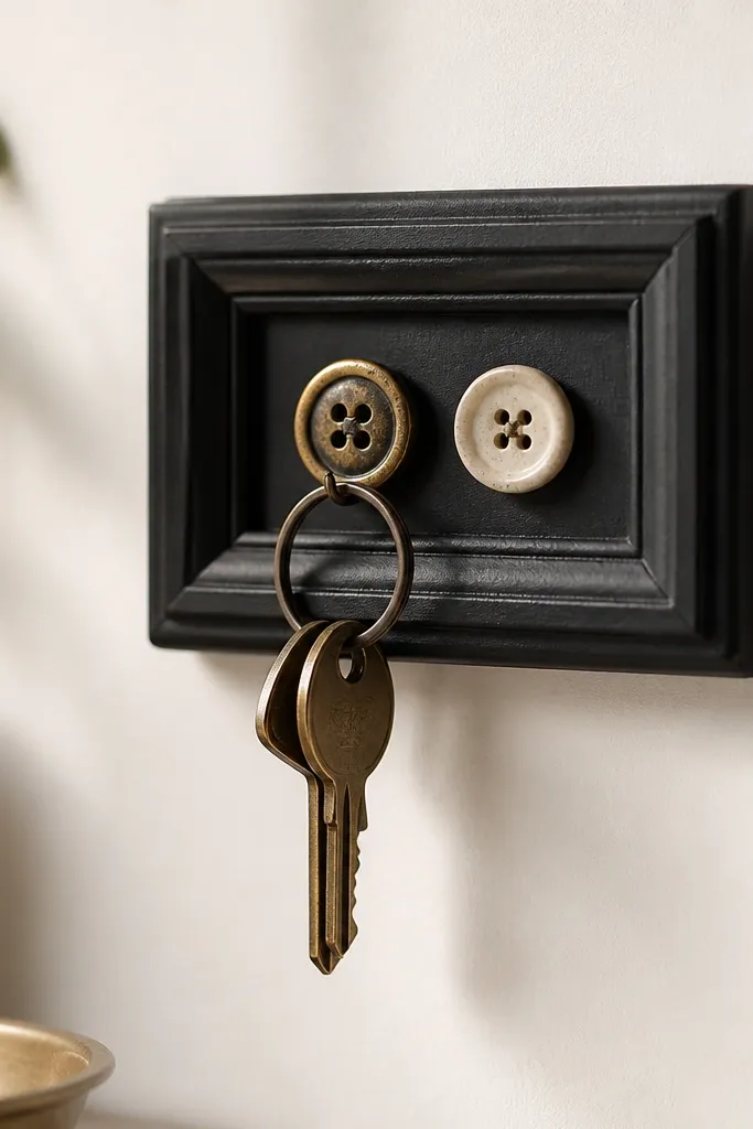 A small wall hook made from a reclaimed photo frame, painted matte black. Inside, a row of vintage buttons is mounted as hooks, and a key chain hangs neatly. The photo shows the frame mounted on a light wall with two keys centered.