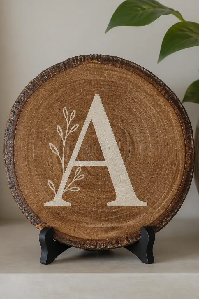 A round wood slice mounted on a small stand, painted letters in muted cream. The bark edge is intact and sealed so it looks smooth, not cracked. The background is a neutral shelf with a plant.