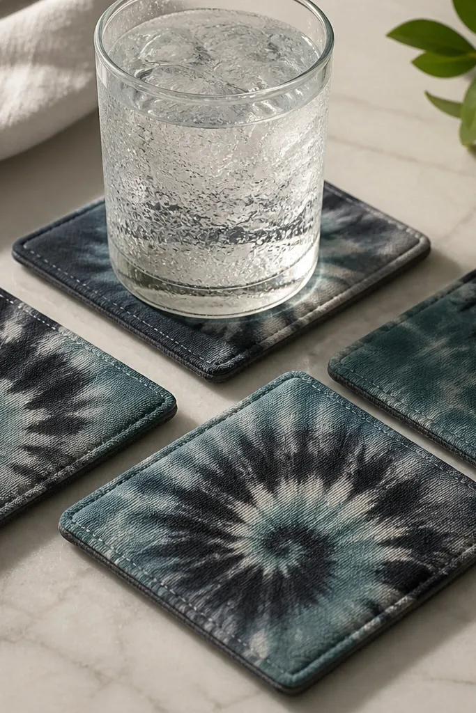 A set of four coasters made from thick fabric with tie-dye swirls in black, gray, and muted teal. Each coaster is backed with felt and has stitched edges. The photo shows them under a cold drink glass with condensation beads.