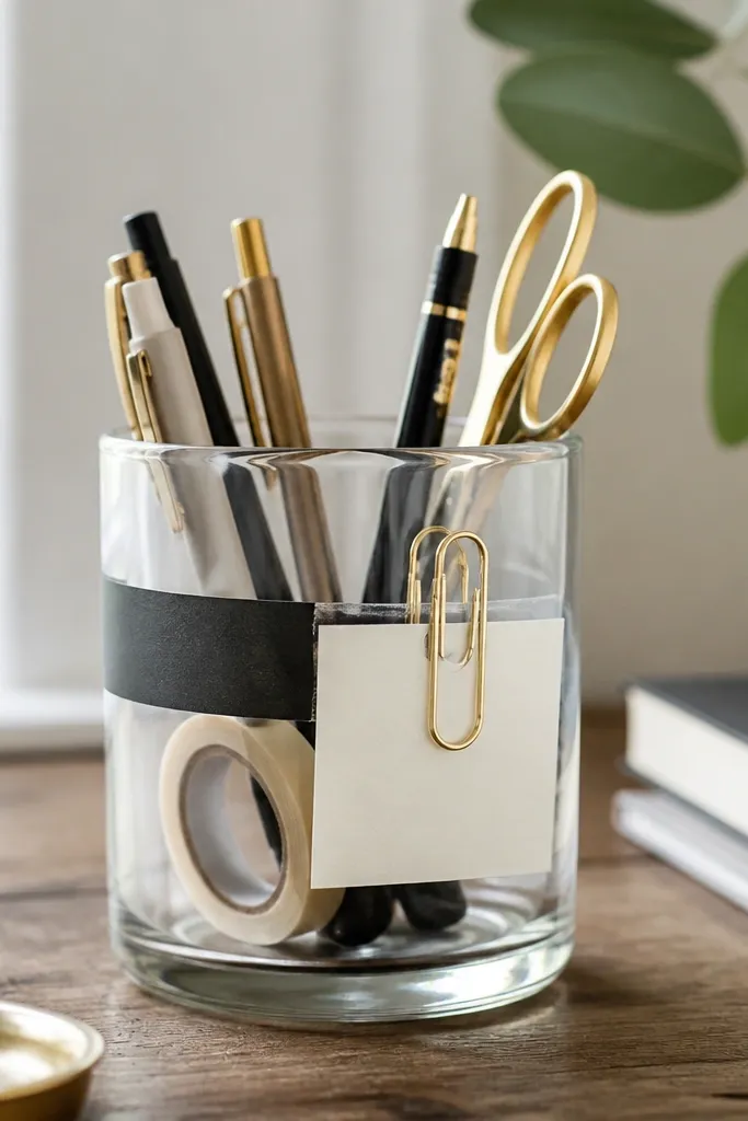 A clear glass candle jar turned into a desk organizer. The label is removed and replaced with a strip of black tape and a hand-written date. Brass paper clips are attached to the front as a small note holder. The jar holds pens and a small roll of tape.