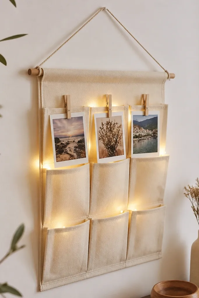 A vertical fabric pocket organizer mounted like a mini gallery wall, with three mini clothespins holding small printed photos; warm white fairy lights run behind the pockets and softly glow around the pictures.
