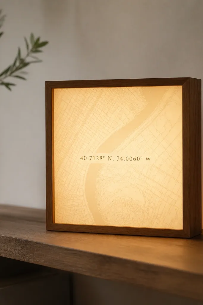 A small wooden frame box with a printed map centered inside, a line of coordinates in the middle, and warm light glowing from behind a frosted acrylic sheet; a thin USB cable is hidden along the back.