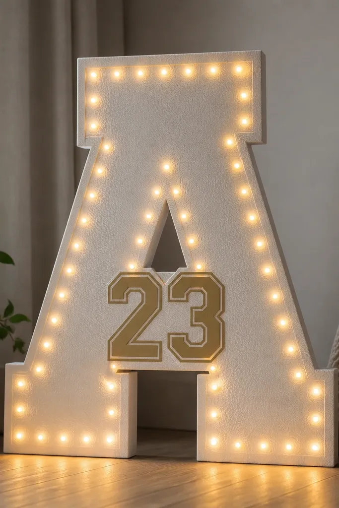 A freestanding letter cutout (like a big initial) made from foam board, with a jersey-style number in the center; warm LEDs glow through small drilled holes around the outline.