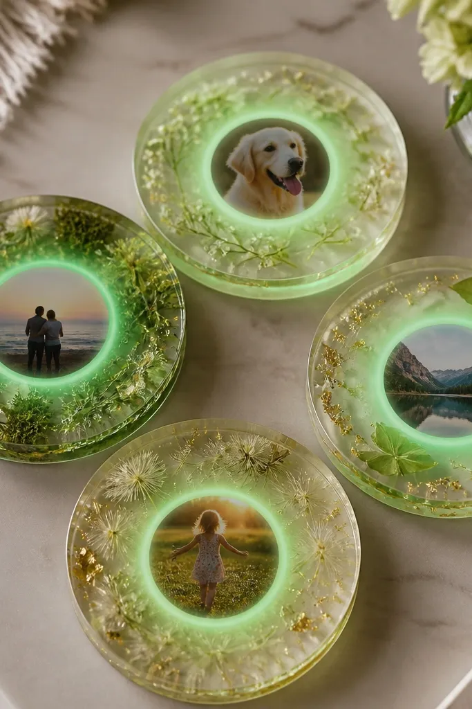 Four glossy round resin coasters on a table, each with a tiny photo circle in the center and a soft greenish glow ring from embedded UV-reactive pigment.