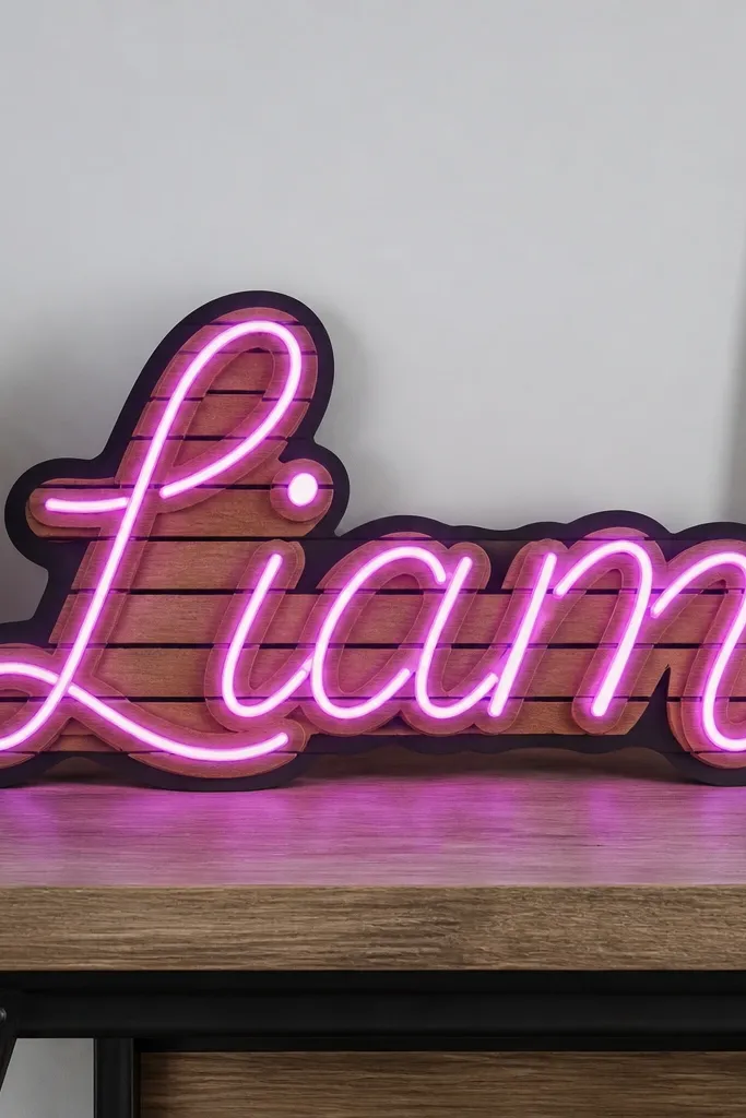 A short wood slat sign shaped like his name with flexible LED strip tracing the letters; the letters glow pink-purple with a clean black outline border.