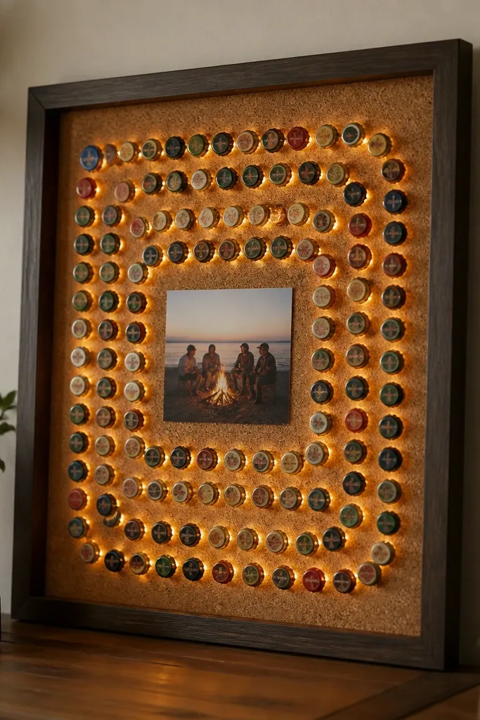 A framed cork board with beer caps arranged in a pattern around a small photo; warm LEDs behind the cork make the caps glow softly.