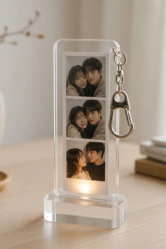 A small acrylic stand with a photo strip inside and a tiny warm LED shining upward; a metal keychain hook is attached to the side.