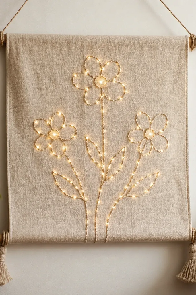 A small fabric banner draped between two dowels, with stitched letters and warm white fairy lights running along the stitched outlines; the fabric looks slightly textured and cozy.