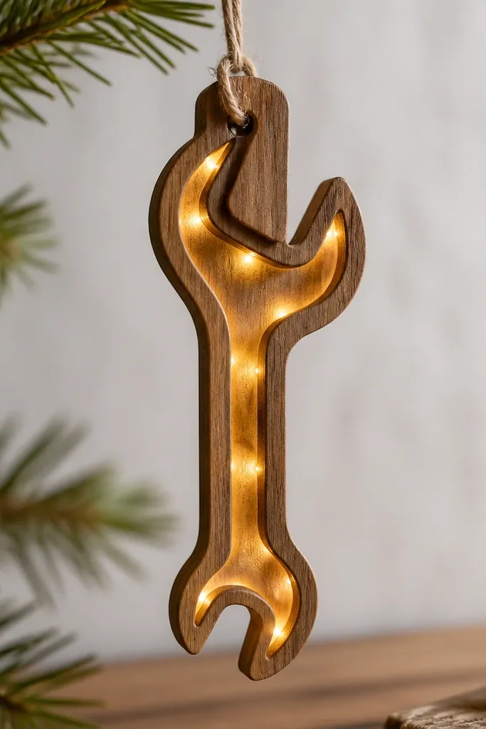A wooden tag shaped like a tool (like a wrench) with small warm LEDs inside the cutout; the tag has a printed label and a string for hanging.