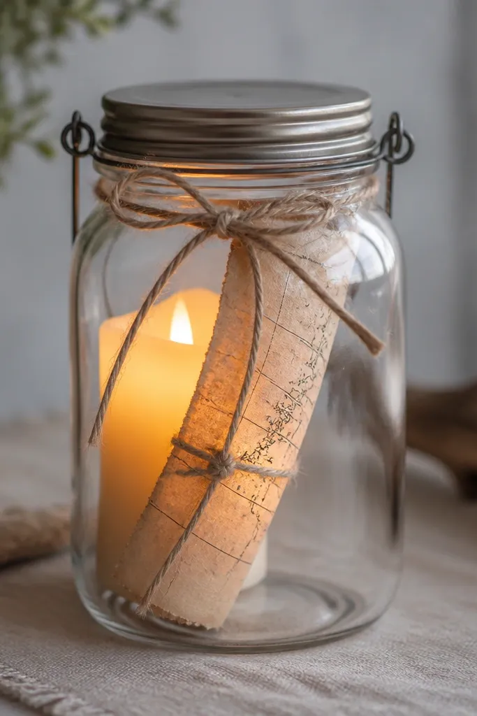 A clear glass jar lantern with a metal lid, inside a warm LED candle and a paper strip of coordinates tied with twine; the jar glows softly around the paper.
