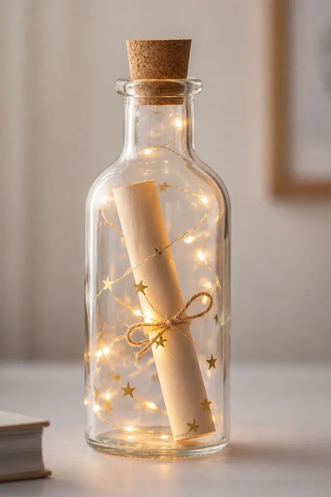A clear bottle turned into a desk decoration with warm LED strip wrapped inside; tiny gold star confetti floats near a rolled message paper.