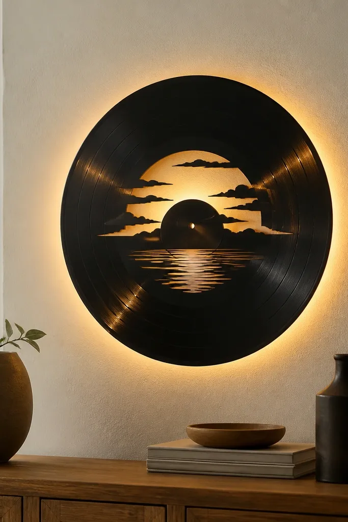 A circular wall piece made from an old vinyl record with a cut-out song title in the center; warm LEDs shine around the record edge.