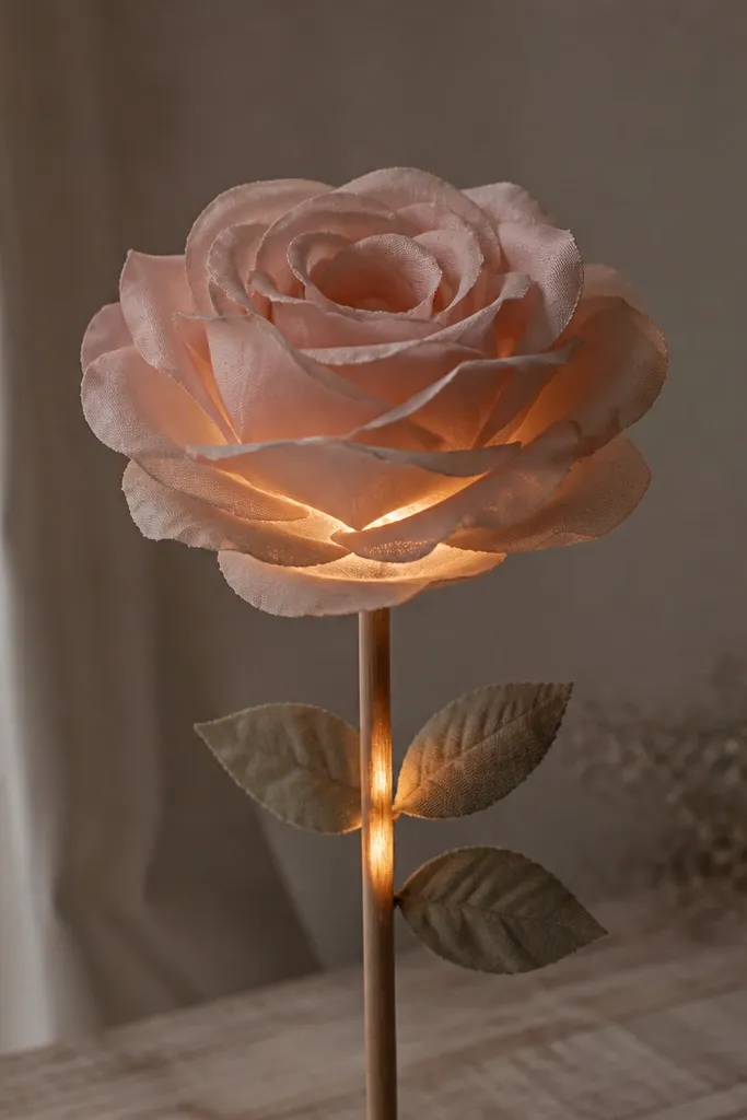 A single large fabric rose on a wooden stick, with a warm glow coming from inside the stem; the petals are layered with matte fabric and the light is soft.