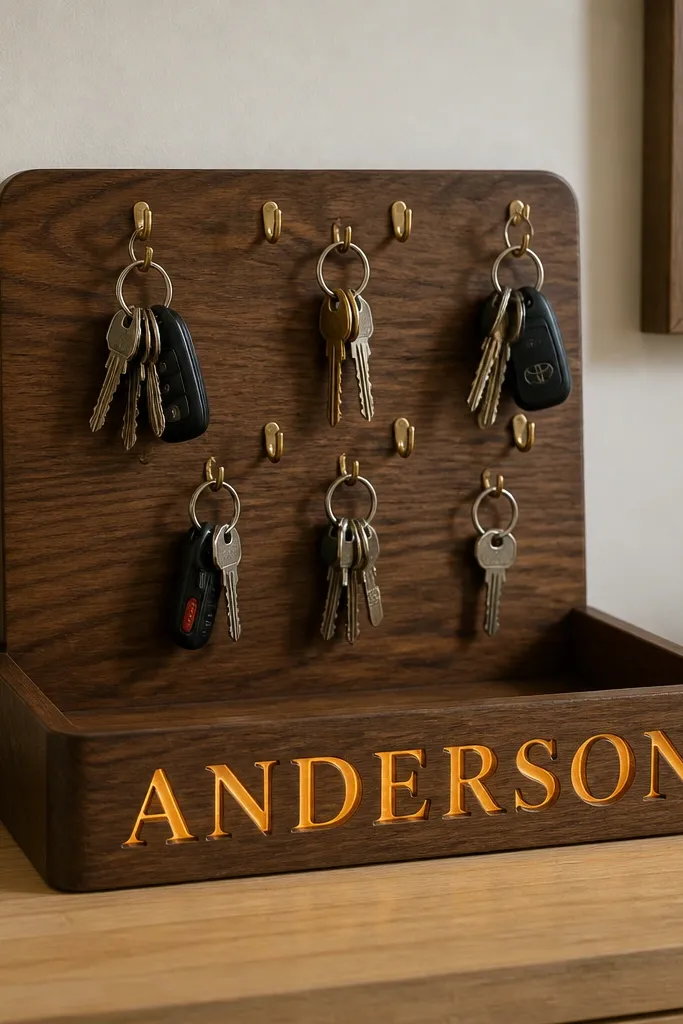 A small wooden tray with a carved name on the front; warm LEDs glow behind the carved letters and a grid of small hooks holds key rings.
