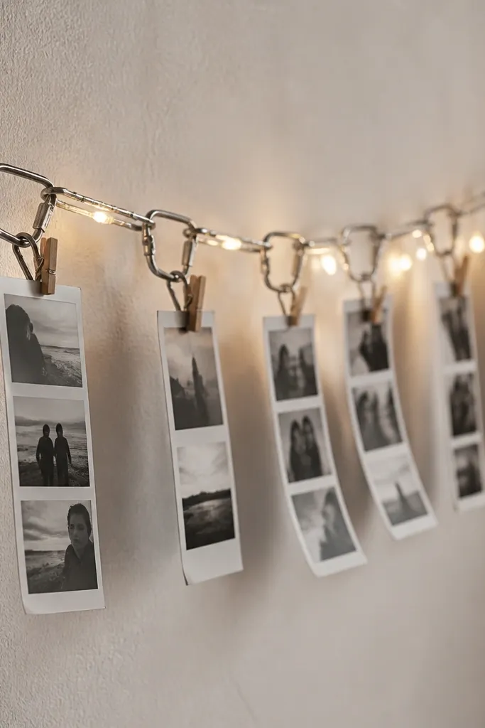 A chain of small carabiners clipped to a wall, with tiny warm LED lights wired behind the clips; mini photo strips are attached with clothespins.