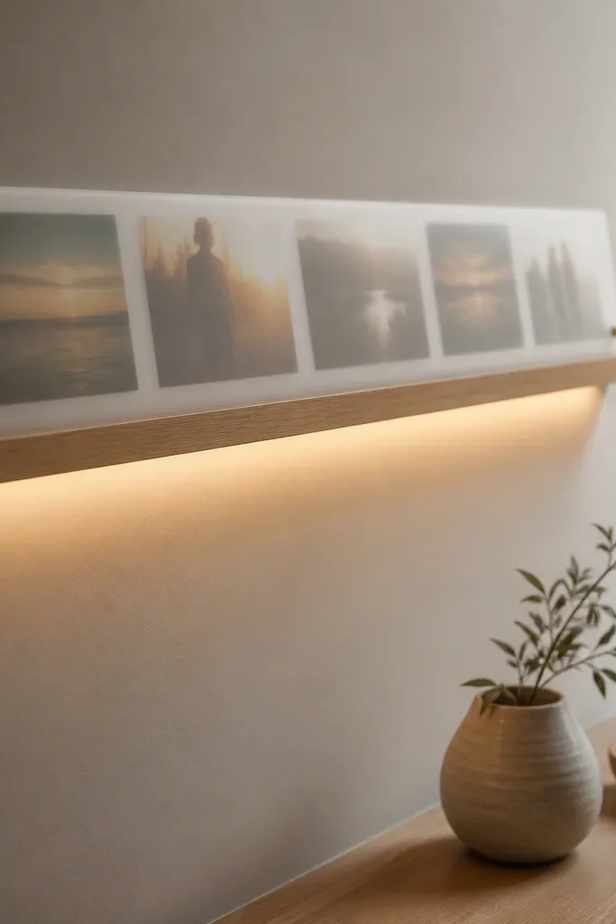 A narrow shelf with a strip of photos under a frosted acrylic panel, warm LEDs glowing along the underside; the shelf looks clean and modern.