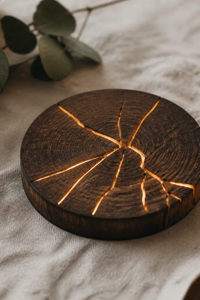 A round scrap wood coaster stained dark, with a glowing engraved pattern that looks like burnt lines; warm light shines through small carved grooves.
