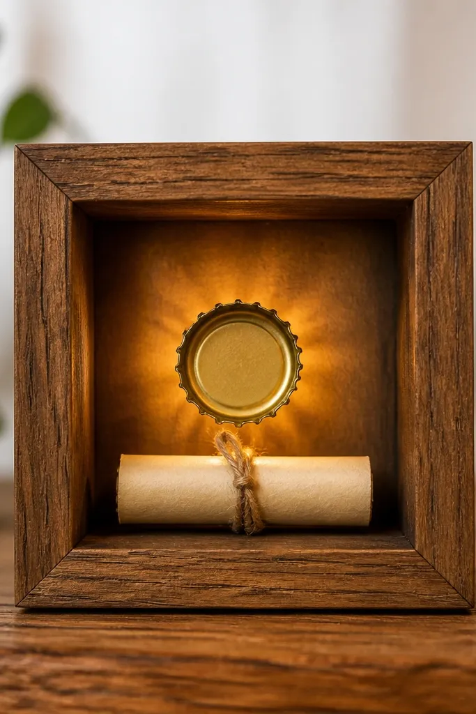 A small shadow box with a single bottle cap centered, a handwritten message on a rolled paper strip, and warm LEDs glowing from behind the cap.