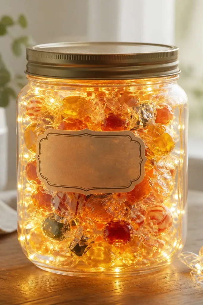 A clear jar filled with wrapped candies, with a warm LED strip taped around the inside walls and a paper label on the front; the jar glows amber.