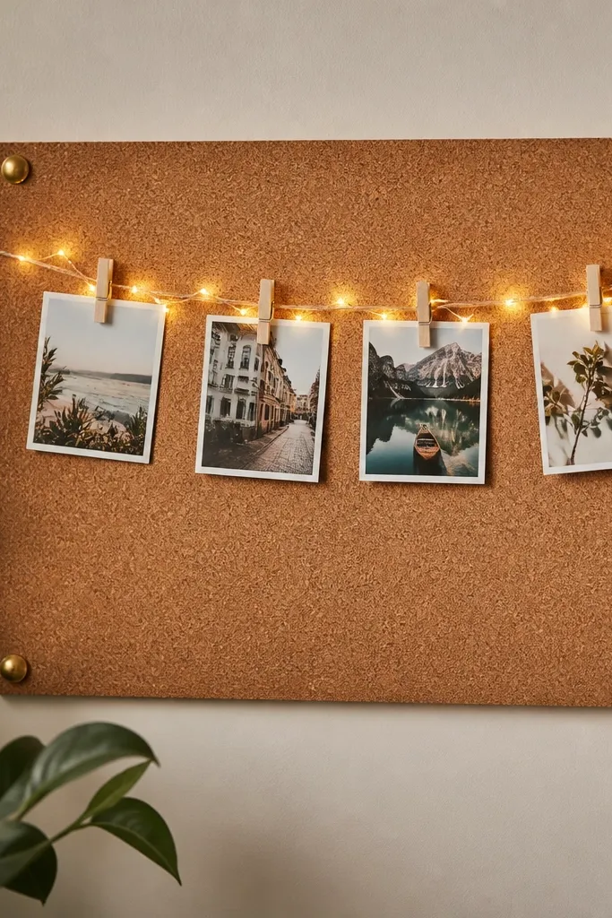 A small cork board with four map pins at the corners, a string line across holding mini photos with clips, and warm fairy lights tucked along the string.