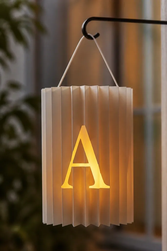 A paper lantern hanging from a hook, shaped like a cylinder with folded pleats; warm LED tea-light inside glows through a cut-out initial on the front panel.