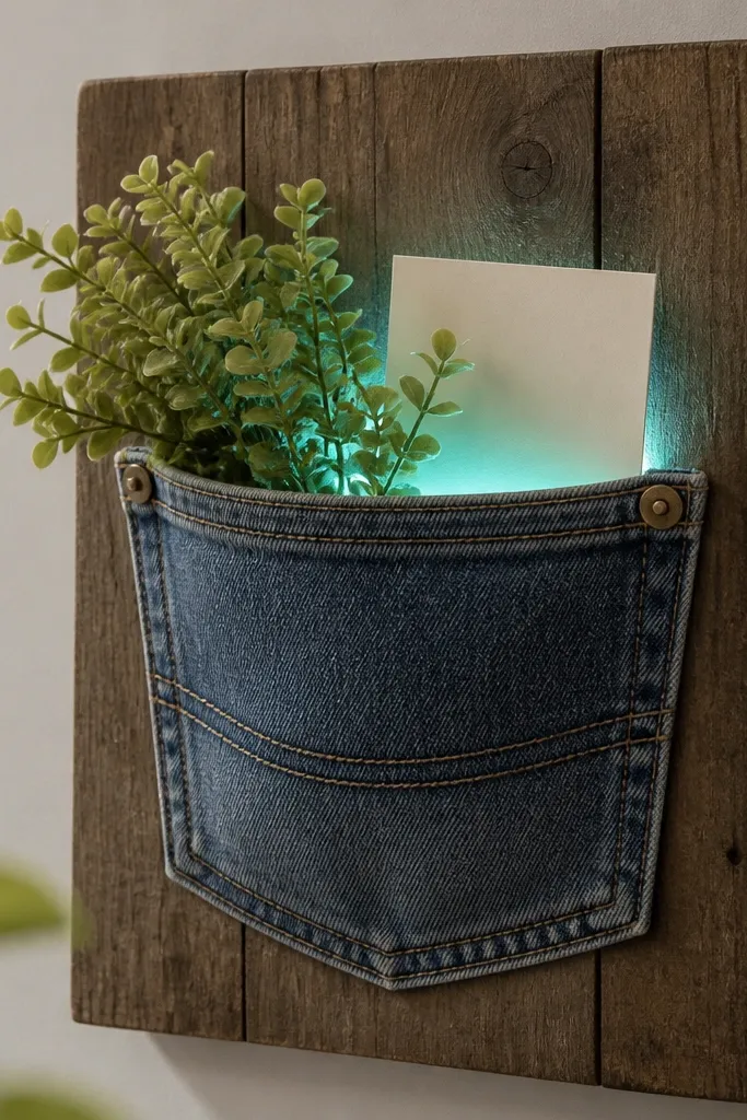 A denim pocket sewn onto a board, with a small faux plant and a note card; warm LEDs glow behind the pocket opening, creating a soft teal-blue tint.
