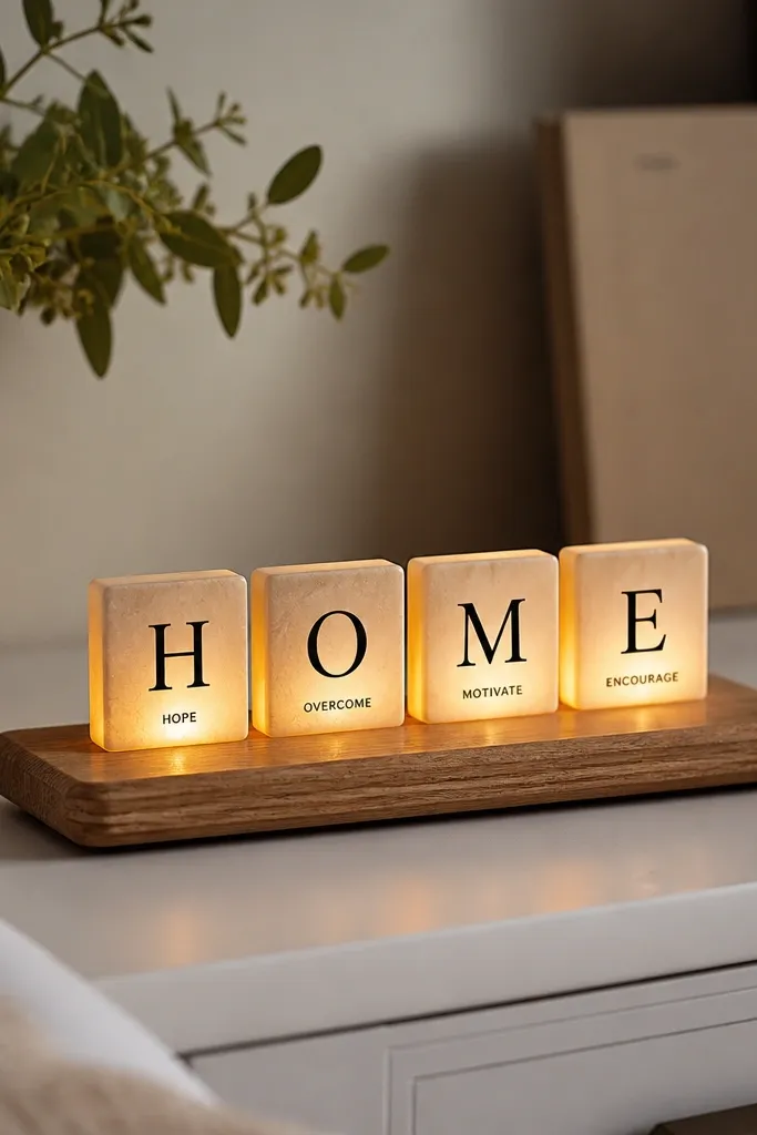 Four small square tiles like mini tiles, each with a letter and micro text; warm LEDs glow from behind the tiles on a wooden tray.