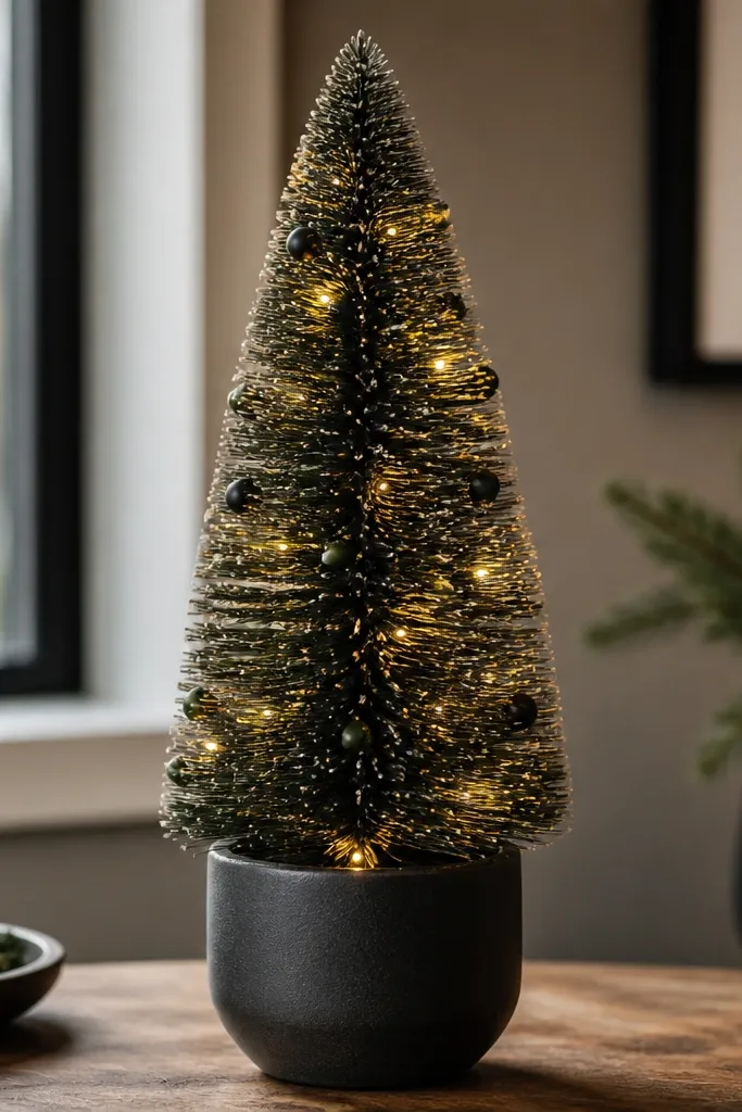 A small bottle brush tree in a pot, lit from inside with warm LEDs; the tree has subtle color accents like matte black and dark green.