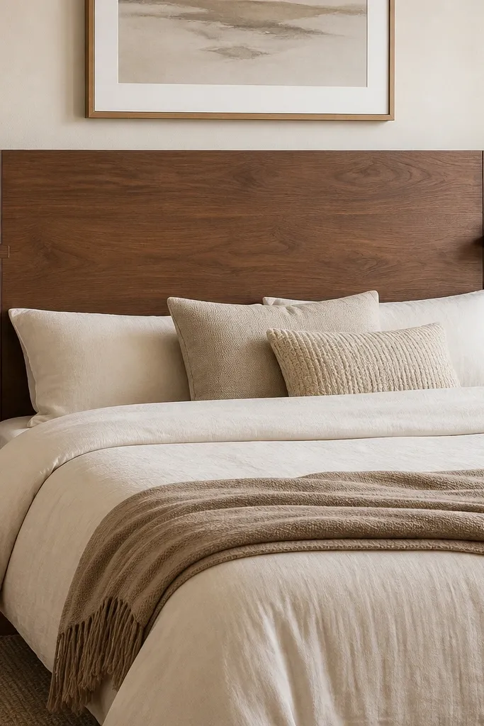 A queen headboard in warm walnut stain with a flat panel back. Two symmetrical shelves sit on either side, each shelf about the width of a throw pillow and deep enough for books. A centered vertical cubby below the top shelf holds a power strip, with a neat cord channel and a small lip.