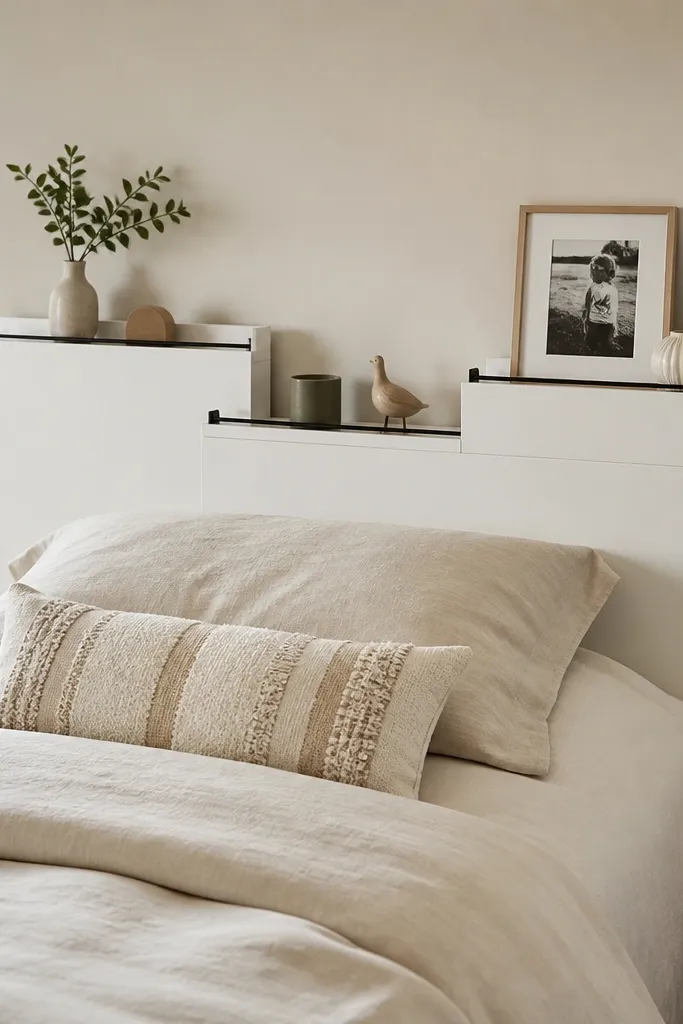 A twin headboard in matte white paint with three staggered shelves. The shelves alternate heights left to right, and each shelf has a thin black metal lip at the front. Small decor items and a framed photo sit on top.