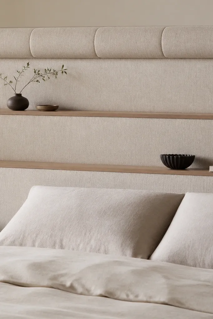 A beige upholstered headboard with a tuft-like top rail made of foam and fabric. Two slim storage ledges sit in front of the upholstery, with the wood frame hidden behind linen panels. The shelves have a subtle wood grain edge and a clean seam line.