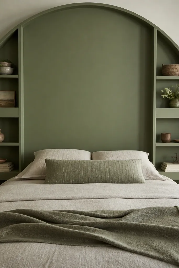 A headboard with a rounded arch top, painted sage green. Two vertical ladder-style side frames hold shelves that curve with the arch. Each shelf has a sturdy front book stop and looks like it's part of the structure.