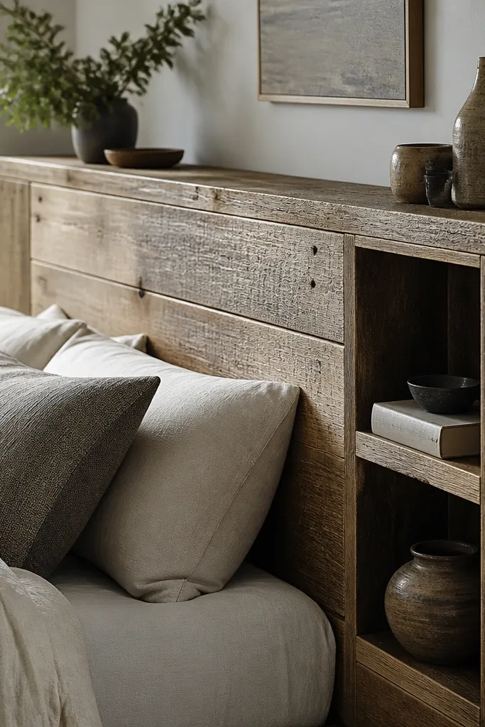 A headboard made from reclaimed-looking boards with visible grain lines. Shelves are boxed in matching reclaimed wood, with a darker stained interior and a lighter distressed exterior. The top surface has a rough-sawn texture.
