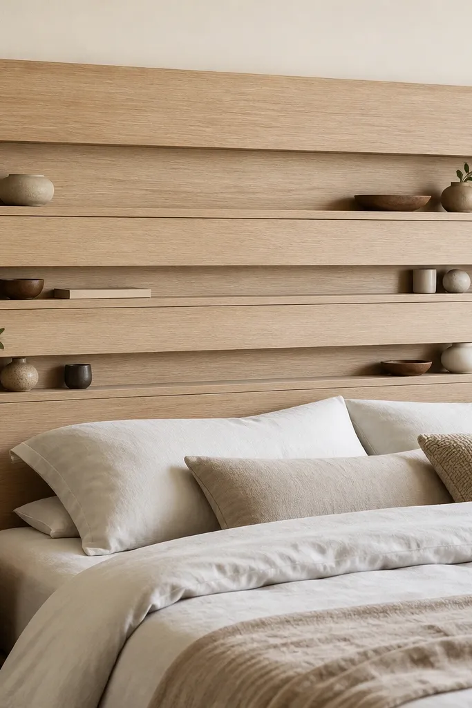 A tall headboard with horizontal wood slats in light oak. Between the slats, three narrow open shelves run across the width, with thin vertical dividers at the ends. The finish is matte, and the shelf depth is slim.
