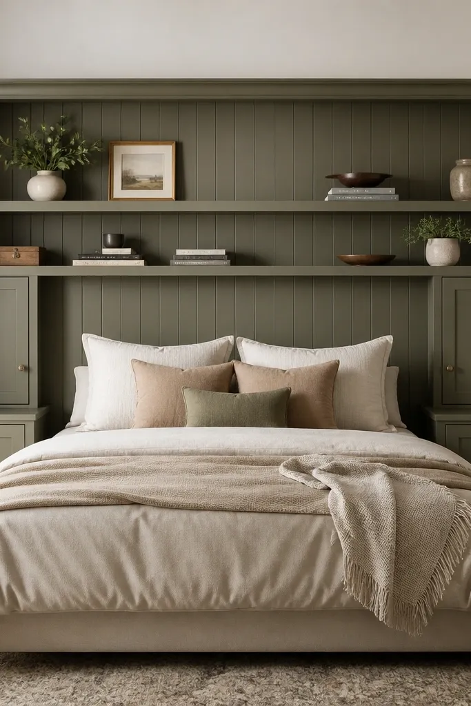 A full-width headboard with a tall central panel and two full-width shelf bands. On both sides are closed cabinet doors with simple knobs, and the shelves above still run across the middle.