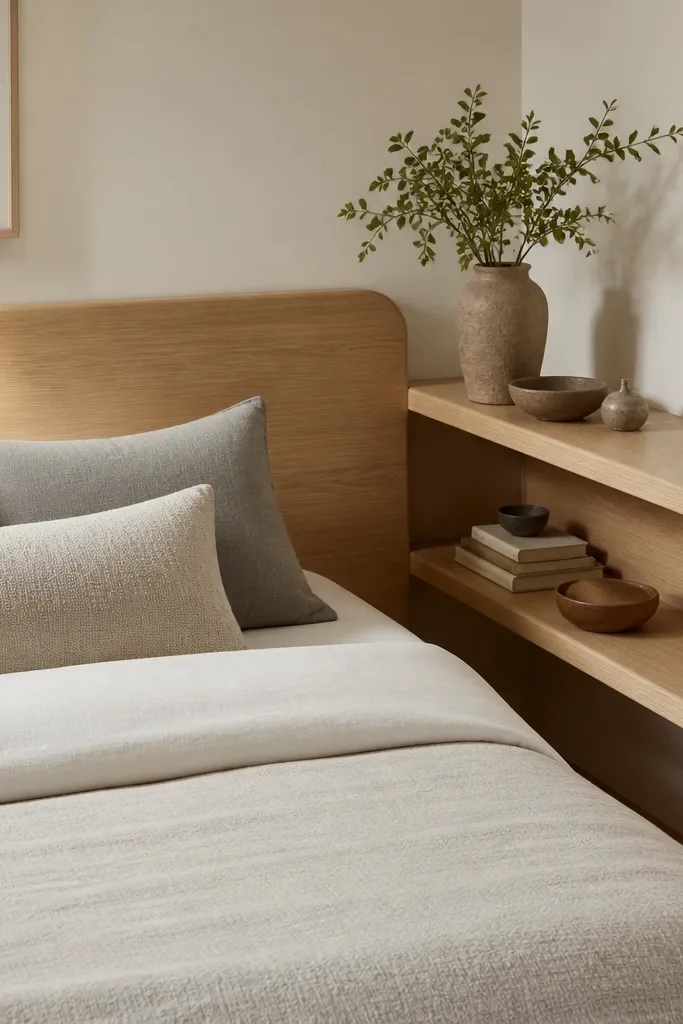 A headboard designed for a bed pushed into a corner. The main headboard sits against one wall with shelves extending on the adjacent wall, forming an L shape. The shelves have rounded edges and a light natural stain.