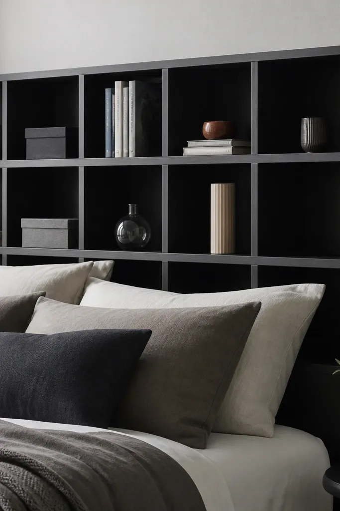 A black plywood headboard with a grid pattern. Cube-like open shelves sit in rows, each cube about the same size, with small hooks mounted on the right side for headphones.