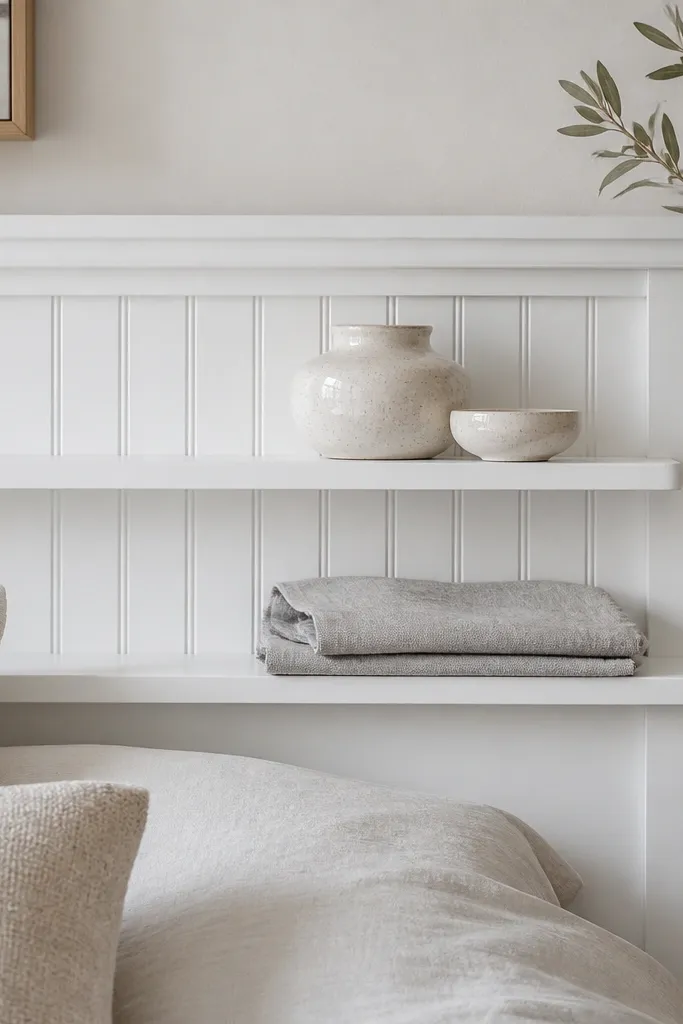 A white beadboard headboard with two horizontal shelves. The shelves are slightly wider than the beadboard section, with a simple decorative trim at the front. A soft gray linen towel is folded on the lower shelf.