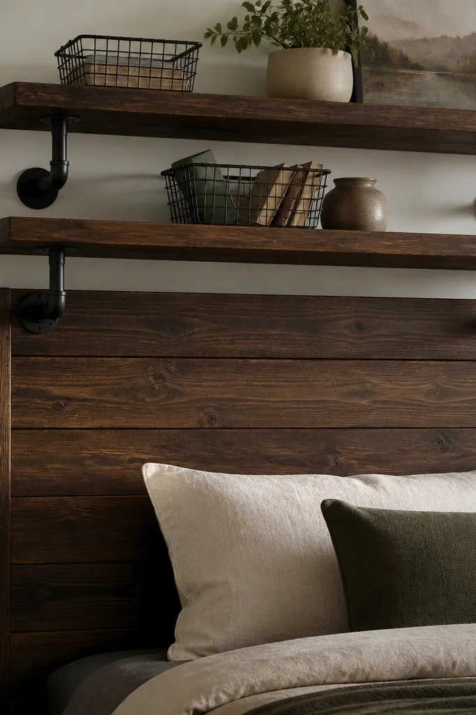 A dark walnut headboard with two industrial shelves. The shelves are mounted with black metal pipe brackets, and the wood shelf decks show visible grain. Small metal mesh baskets sit on the shelves.