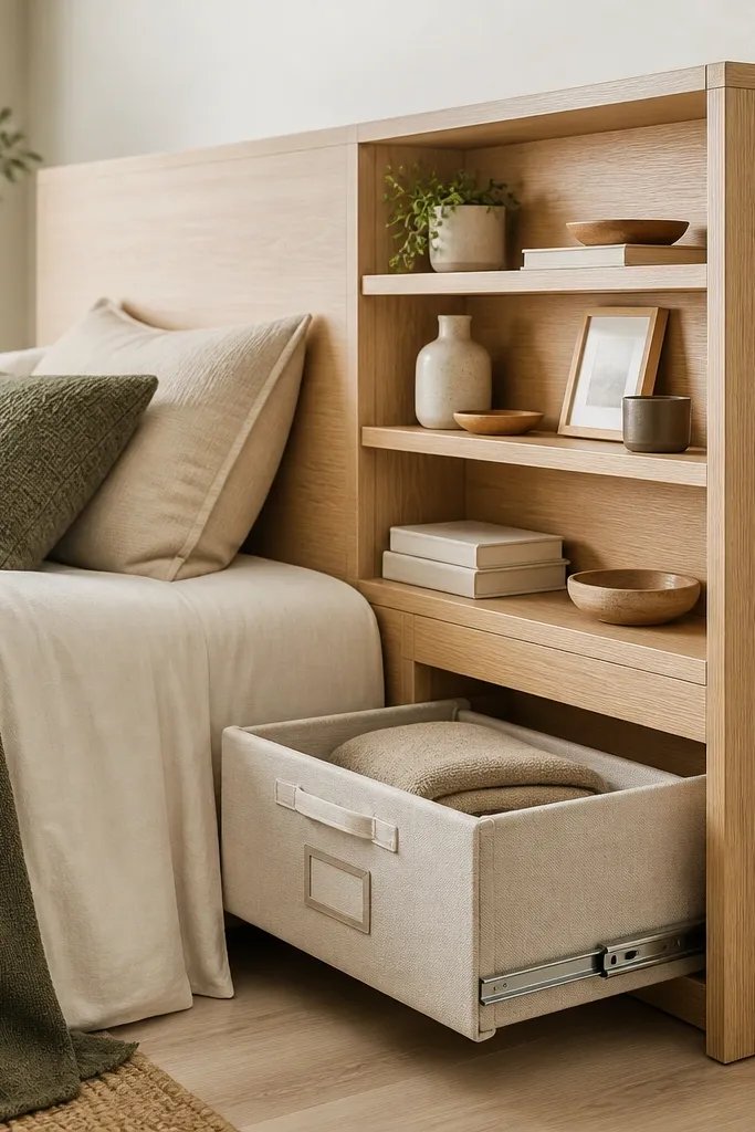 A light oak headboard with three slim shelves stacked vertically. One lower section has a pull-out fabric bin sliding on runners, showing a clean label tag on the front.