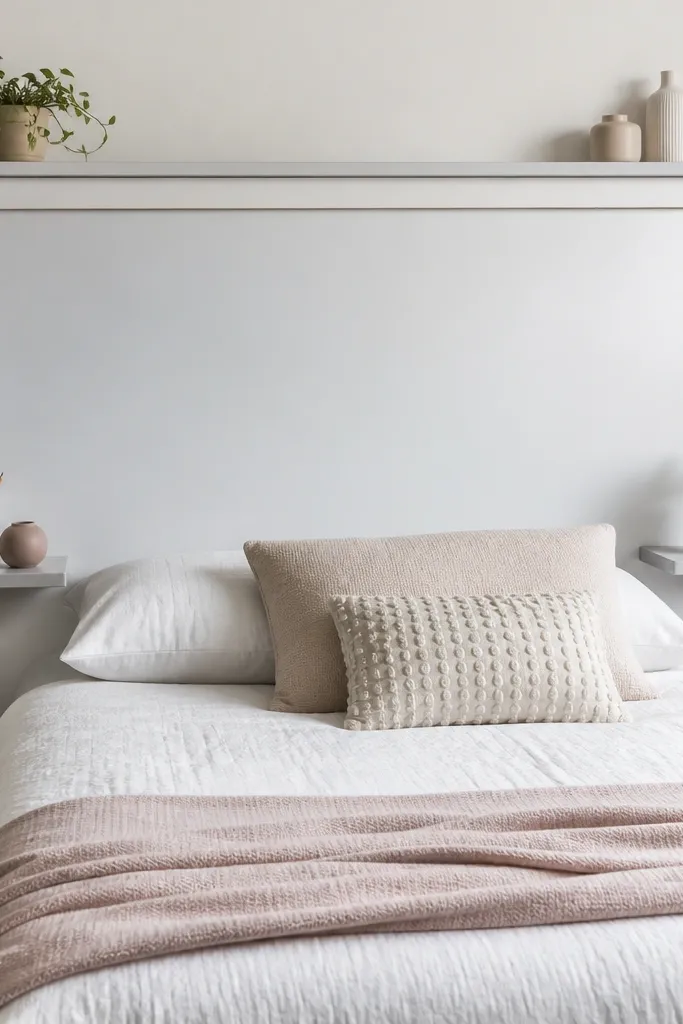 A matte white headboard that looks like a chalkboard or whiteboard surface in the center. A narrow ledge runs across the top with two small side shelves below, all painted white with a faint gray trim.