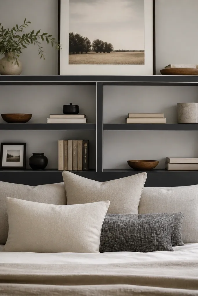A headboard with a light gray or off-white back panel. The shelves are painted deep charcoal, creating a strong contrast. The shelf frames have clean mitered corners and a thin white trim line.