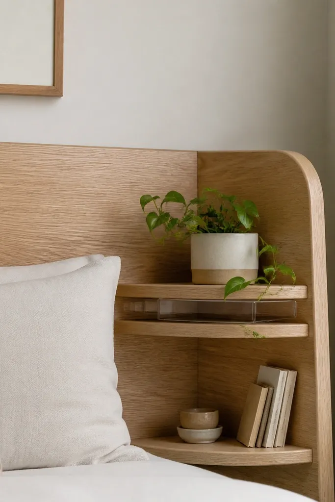 A light oak headboard with shelves that curve slightly toward a corner. One upper shelf holds a small plant in a ceramic pot, and beneath it is a clear acrylic watering tray hidden inside the shelf frame.