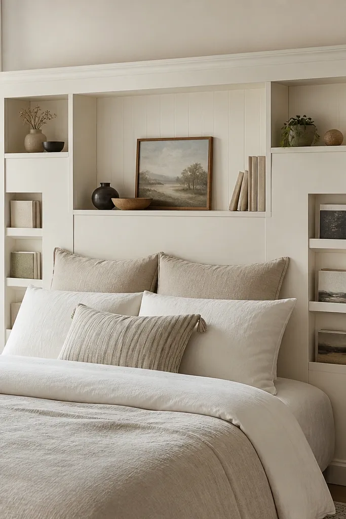 A tall headboard in painted cream with two vertical magazine racks on the sides. Between them is a central open shelf section, and small side shelves sit near the top for small decor.