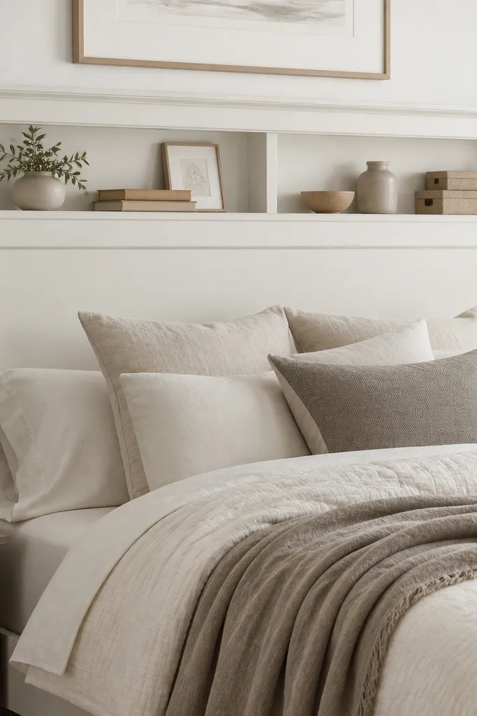 A shaker-style headboard with inset panels and simple molding. Shelves are inset into the frame, creating a recessed look. The finish is a warm white with subtle gray shadow lines.