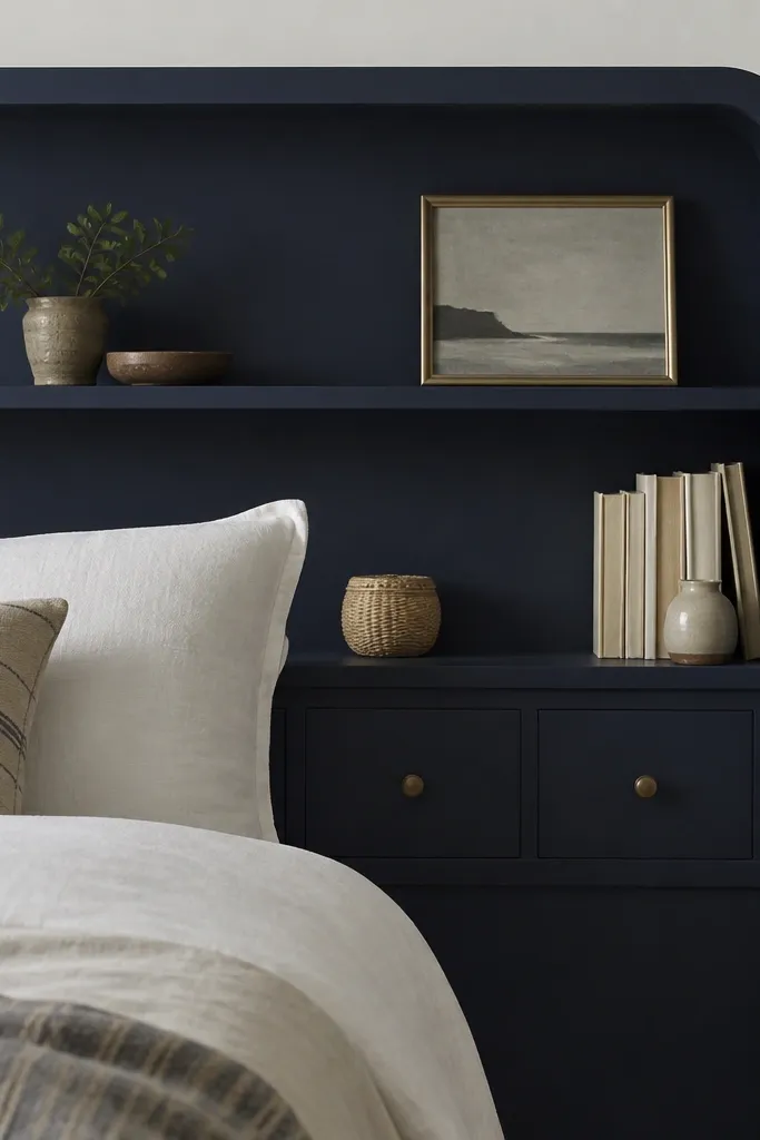 A headboard with soft rounded corners, painted a deep navy. Two small drawers sit at the lower portion, and shelves above them run horizontally. The drawers have simple round knobs.