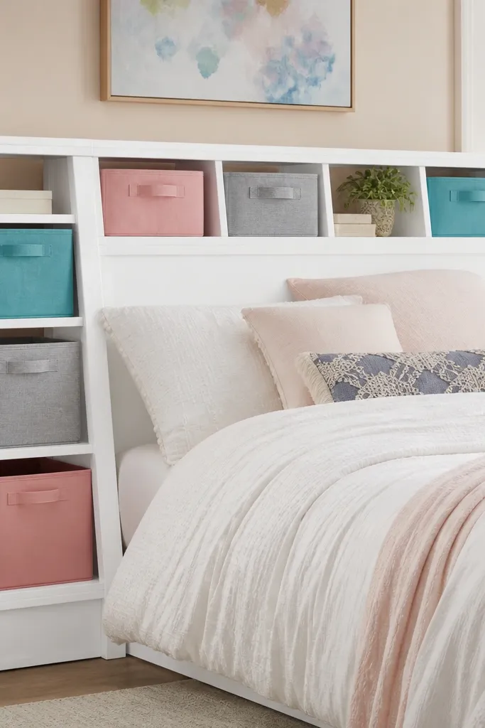A headboard with a ladder-like wood structure, painted bright white. Several open rungs act like shelves, and fabric bins are stacked inside compartments. Colorful bins add pops of color.