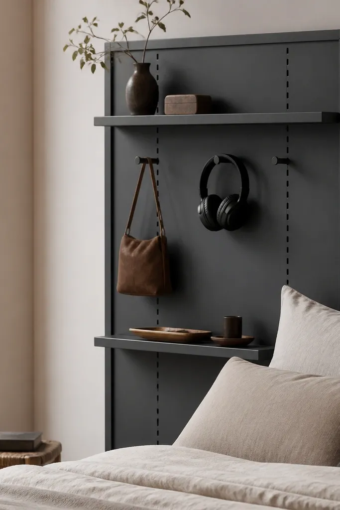 A tall, slim headboard painted charcoal with vertical peg rails. Two narrow ledges protrude horizontally near the top and mid. Peg hooks hold a small bag and headphones, and a tray sits on the ledge.