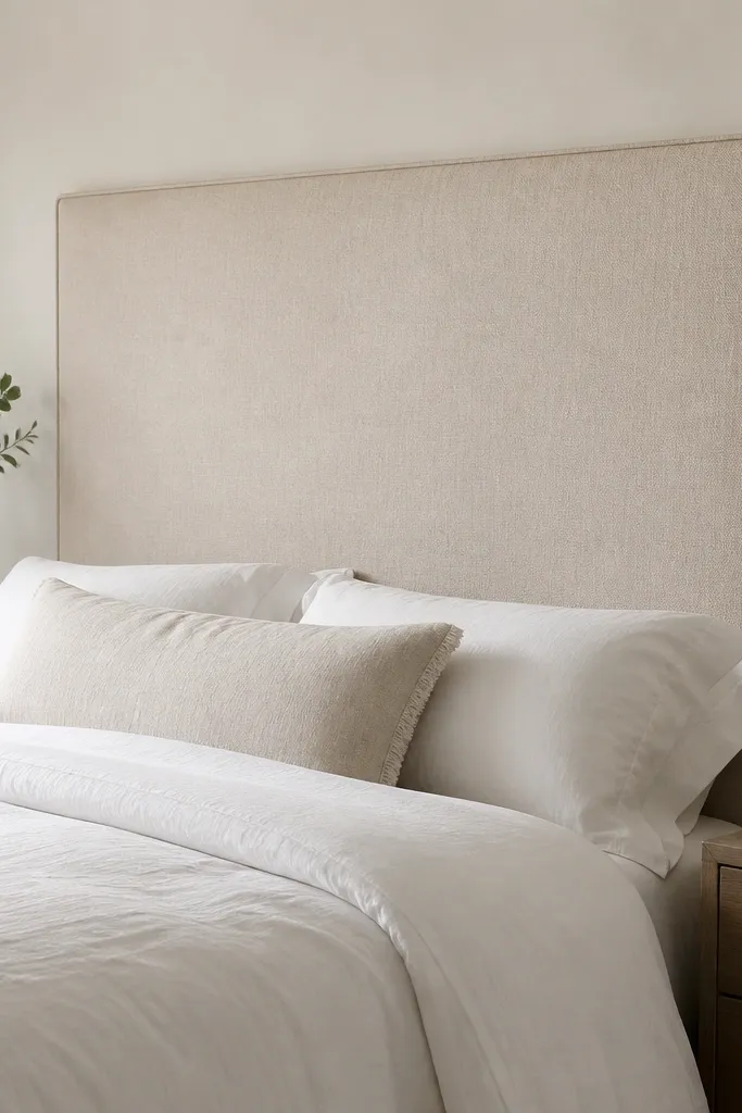 A queen headboard panel covered in warm oatmeal fabric, stretched taut over a thick plywood backing. The edges are wrapped neatly with a thin welt-like border. The panel is mounted flat against a light beige wall above a bed with white bedding.